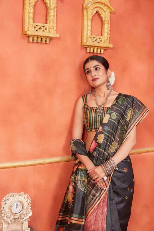 Woman in Black Pichwai Chanderi printed saree.