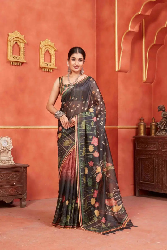 Black Pichwai Chanderi printed saree for woman by Ethnic today.