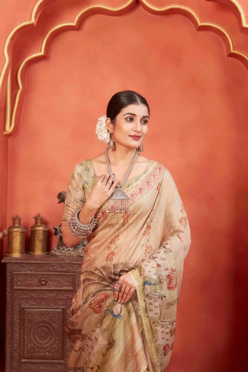 Woman in Pichwai Cow Chanderi Silk Saree.