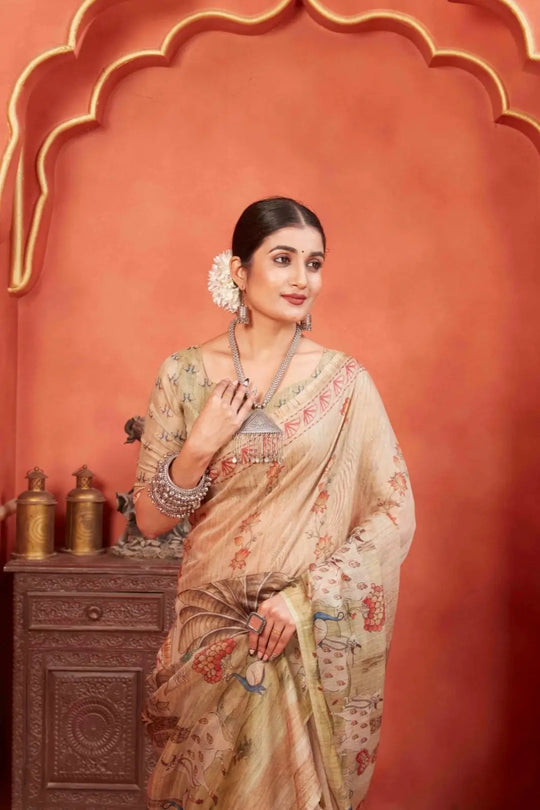 Woman in Pichwai Cow Chanderi Silk Saree.