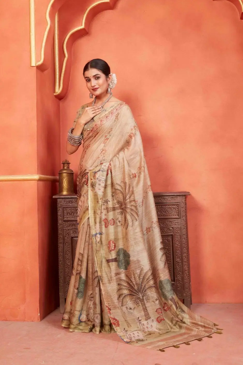Woman in Pichwai Cow Chanderi Silk Saree.