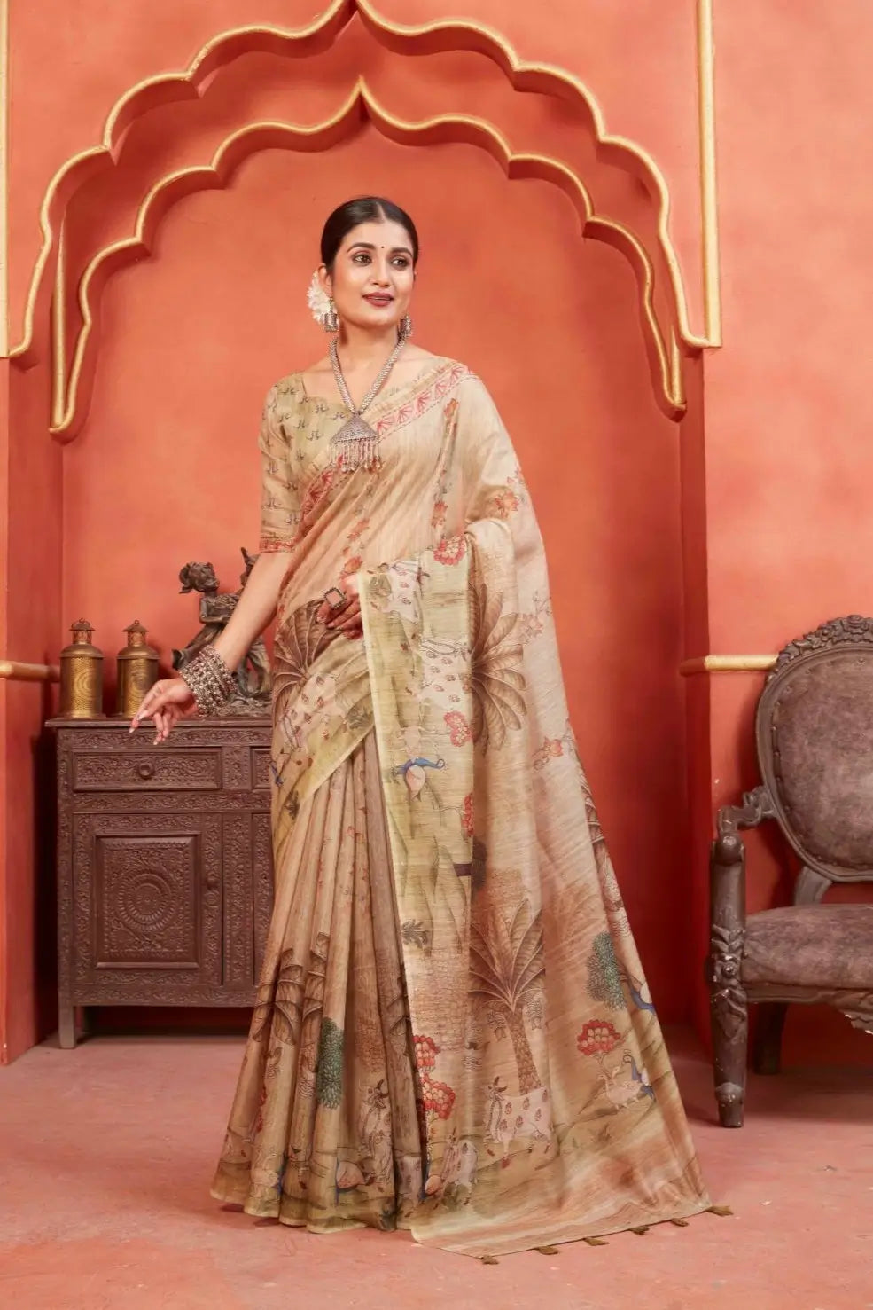 Pichwai Cow Chanderi Silk printed saree for woman by Ethnic today.