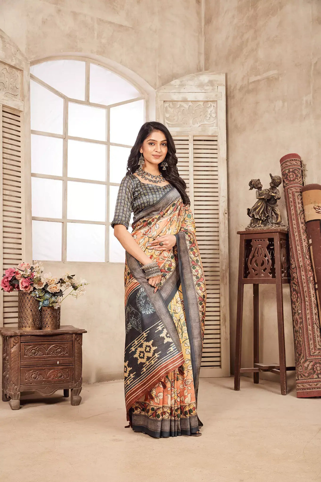 Yellow Kalamkari Design printed saree for woman by Ethnic today.