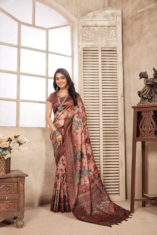 Woman in Pastel Pink color Kalamkari Dia silk printed saree.