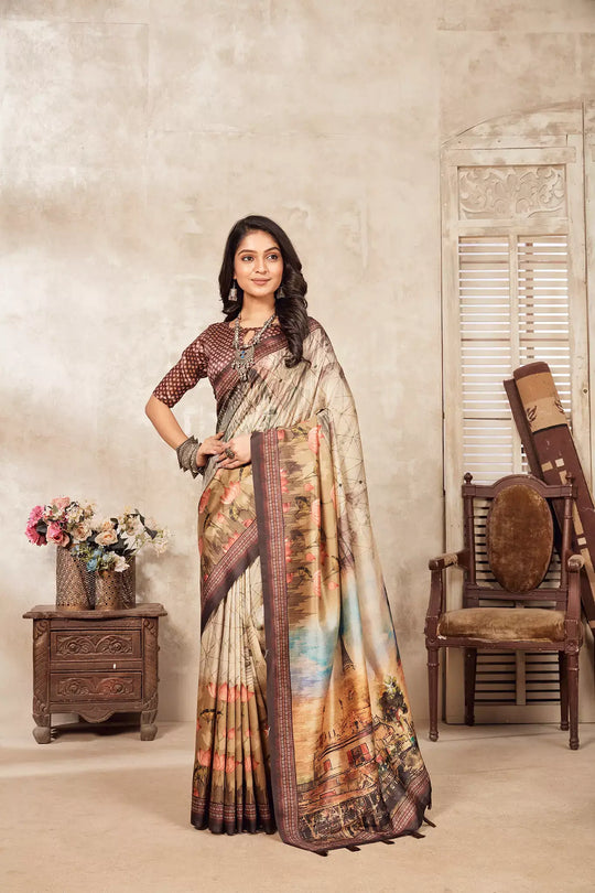 Woman in Pichwai Temple pallu Dia silk print Saree.