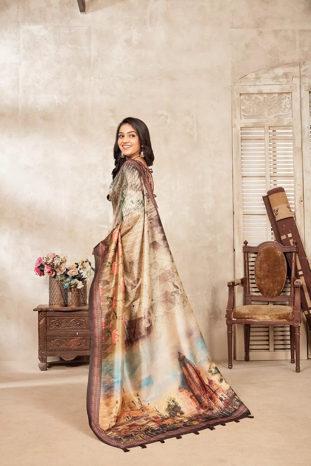 Pichwai Temple pallu Dia silk printed saree for woman by Ethnic today.