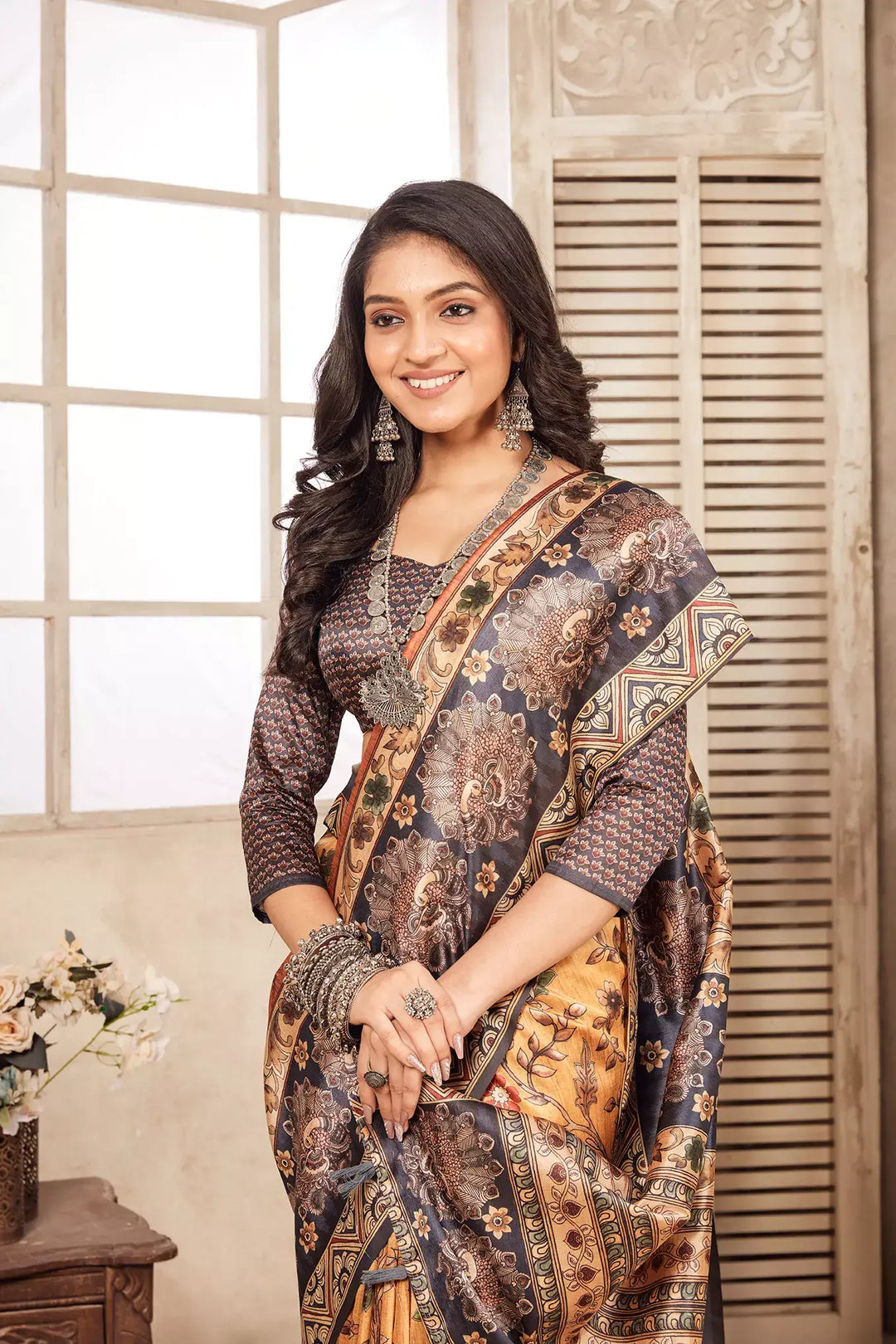 Peacock Border Kalamkari pattern printed saree for woman by Ethnic today.