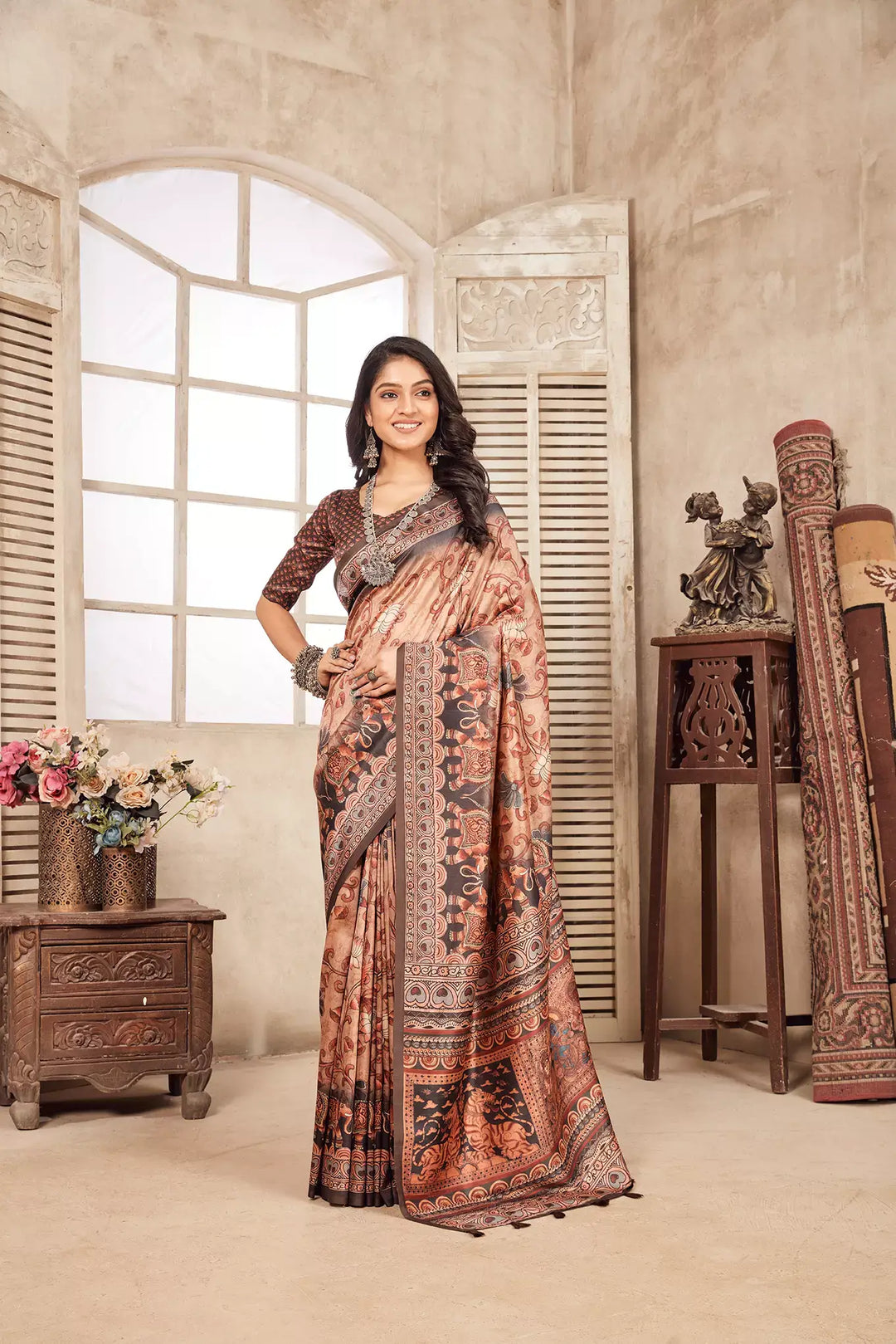 Kalamkari Digital printed Dia silk saree for woman by Ethnic today.