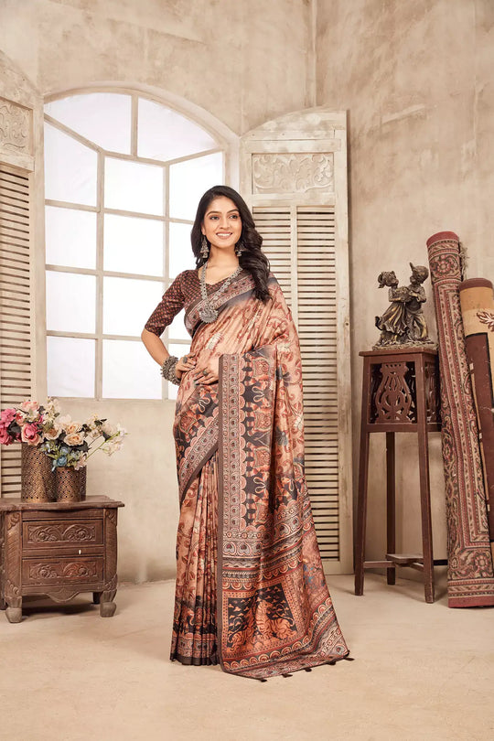 Kalamkari Digital printed Dia silk saree for woman by Ethnic today.